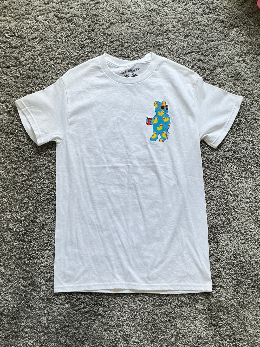 riot society White Tee with Blue Bear and Yellow Ducks Graphic